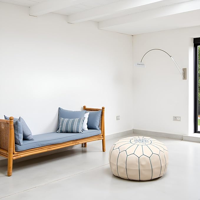 Stuffed Round Design Moroccan Leather Pouf Ottoman, Handmade, Pre-Filled, 100% Genuine Leather, 13” Height x 20” Diameter, Footstool & Living Room Décor (White with Blue Stitches)