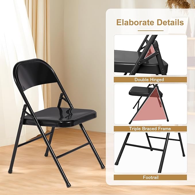 VECELO Metal Folding Chairs 4 Pack, Double Hinged Steel Frame Easy Foldable&Stackable for Office Kitchen Dinning Wedding Patio and Garden