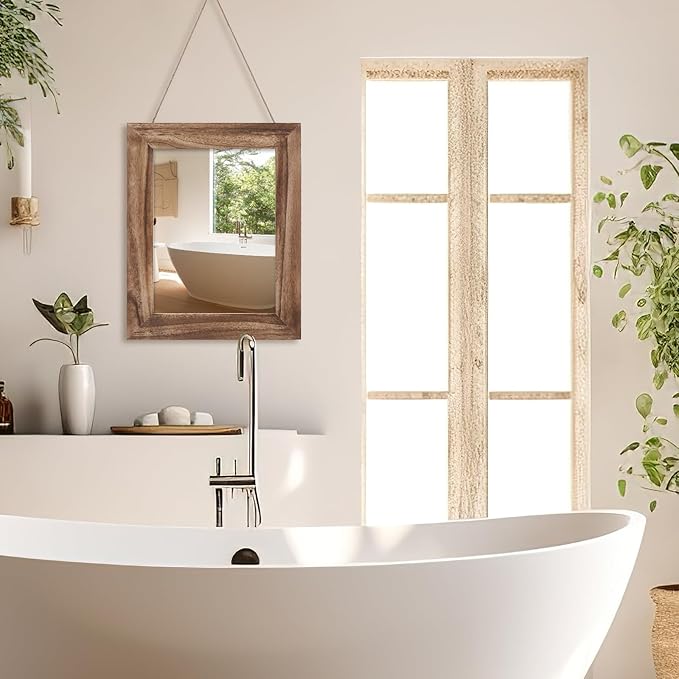 QDSSDECO 16"×20" Wall Mirror Farmhouse Decor Rectangular Mirror Hanging for Bathroom, Vanity, Bedroom, Entryway, Living Room,Brown
