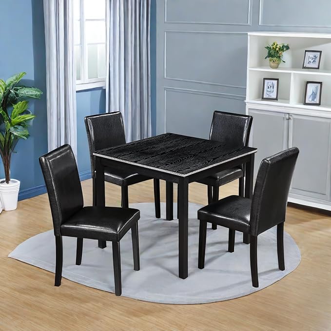 Dining Table Sets, 5-Piece Kitchen Table & Chair Sets with Square Crystal Decoration Table & 4 PU Upholstered Chairs,Wooden Dining Table Set for Dining Room,Black