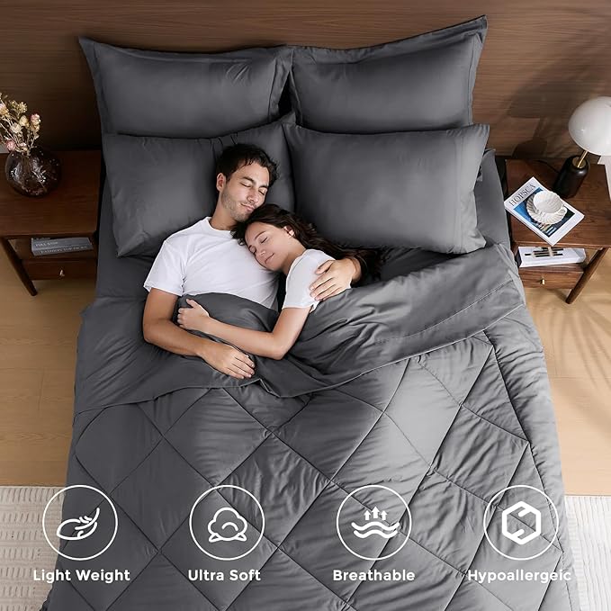 HEVUMYI King Comforter Set - 7-Piece All Season Bed in a Bag King, Ultra Soft Bedding Set with Comforter, Flat Sheet, Fitted Sheet, Pillowcases, Pillow Shams, Dark Grey