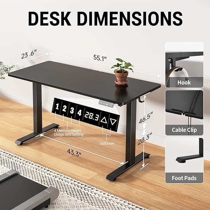 Veken 55 Inch Large Electric Standing Desk, 4 Memory Heights Adjustable,Sit to Stand Up, Work Home Office Computer Table for Study, Walking Pad, Writing, and Games, Wooden Desktop Desks, Black