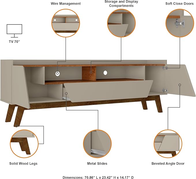 Manhattan Comfort Marcus Mid Century Modern 70 Inch TV Stand with Drawers, Cable Management, 4 Shelves and Soft Close Doors, Entertainment Center and Media Console for Living Room, Off White