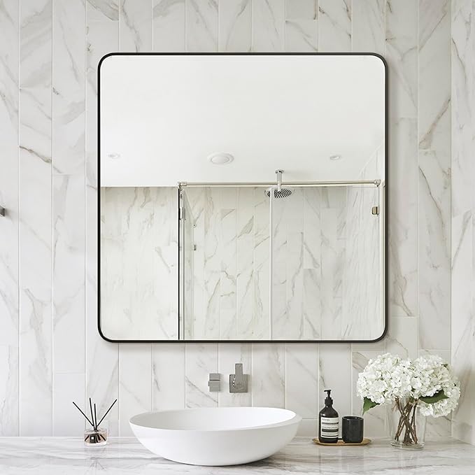 Delma Bathroom Vanity Mirror, Black Framed Bathroom Mirror for Over Sink, High-Definition Bathroom Mirror, Versatile Bathroom Vanity Mirror, Hangs Horizontally or Vertically(30x30, Black)