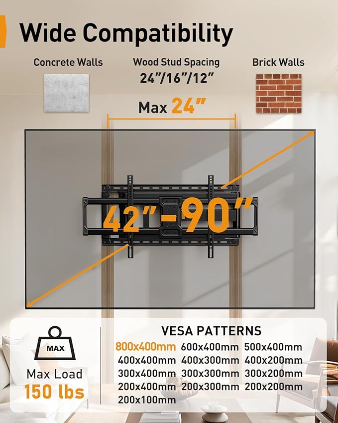 Perlegear Long Arm Full Motion TV Wall Mount for 42–90 Inch TVs up to 150 lbs, 40″ Long Extension, Pre-Assembled Corner TV Mount with Full Swivel, Tilt, Fits 8″/12″/16″/24″ Studs, Max VESA 800x400mm