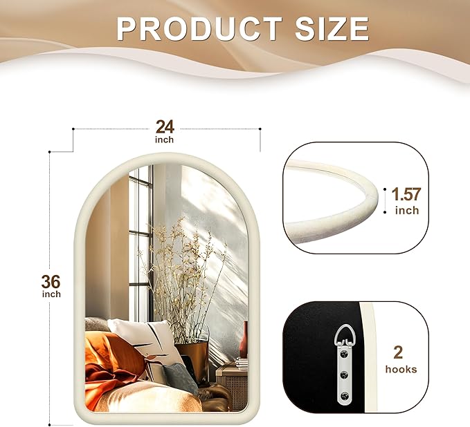 36"x24" Arched Bathroom Mirror, Wall Mounted Vanity Velvet Frame Mirror for Bedroom, Entryway, Living Room, Cream White