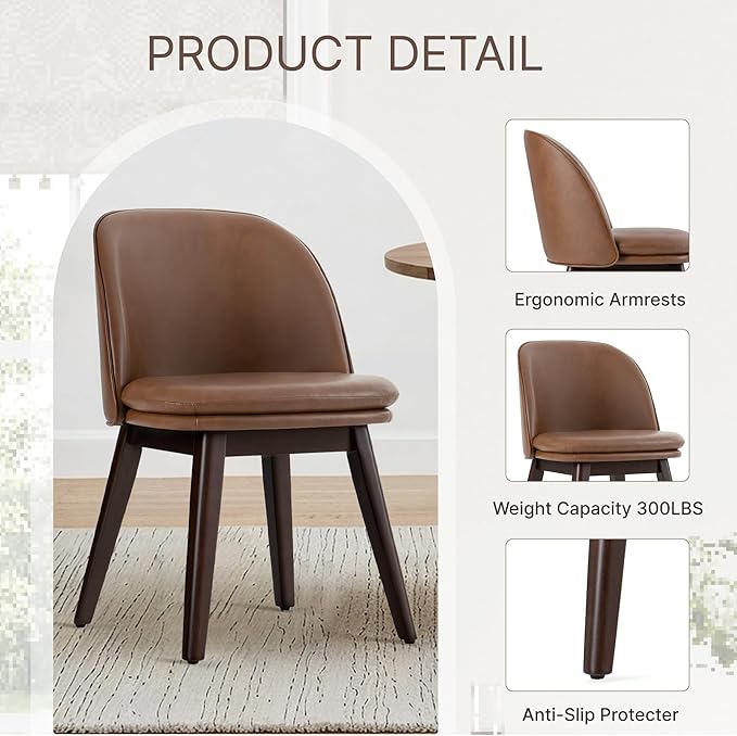 Wooden Dining Chairs Set of 4, Faux Leather Upholstered Modern Dining Room Chairs with Double-Layer Thick Seat Cushion & Ergonomic Backrest for Restaurant, Kitchen and Café, Brown, 2 Boxs