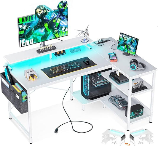 ODK 48 Inch Gaming Desk with USB Charging Ports and LED Lights, Reversible L Shaped Computer Desk with Storage Shelves & Monitor Stand, Corner Home Office Desk Table with Power Outlets, White