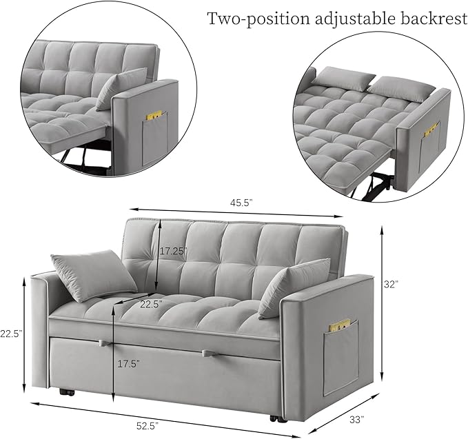 KEIKI Velvet Loveseat Convertible Sofa Bed Sleeper Chair with Adjustable Backrest, Pillows & Storage Pockets, 3 in 1 Pull-Out Couch Chaise Lounge Recliner for Living Room Balcony Bedroom, Grey