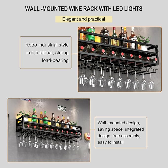 Pengfei LED Wine Rack Wall Mounted, Industrial Metal Wall Wine Shelf & Glass Holder, Large Floating Shelves Wine Bottle Storage Display Rack for Home Bar Dining Room Decor, Black