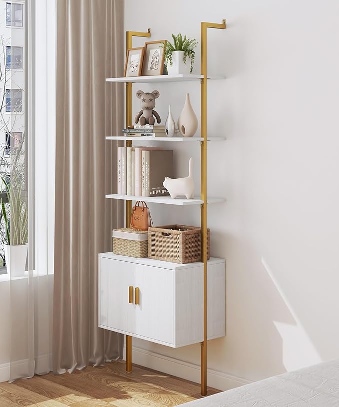 Yusong 73" Tall Bookshelf with Cabinet, Industrial Ladder Wall Mount Shelf Bookcase with Wood and Metal Frame, Plant Shelf Wall Storage Display for Living Room Bedroom, White Gold