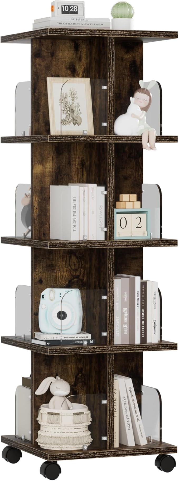 VECELO Rotating Bookshelf with Brake Wheels, 4 Tier Revolving Bookcase, 360° Corner Display Shelf for Kids, Narrow Rolling Bookshelves for Small Space, Corner, Bedroom, Office, Brown