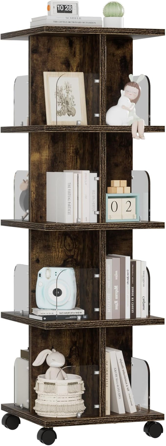 VECELO Rotating Bookshelf with Brake Wheels, 4 Tier Revolving Bookcase, 360° Corner Display Shelf for Kids, Narrow Rolling Bookshelves for Small Space, Corner, Bedroom, Office, Brown