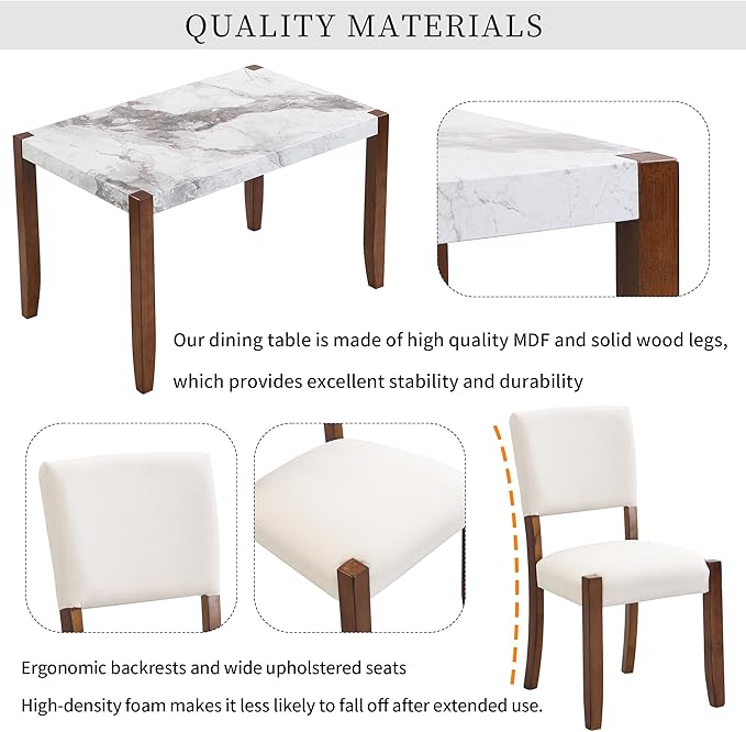 Ball & Cast 4-Piece Dining Furniture Set with 2 Upholstered Chairs & 1 Bench,Dining Table Set for 4 W/ 46" Faux Marble Style Table,for Restaurant,Home Bistro,Off White