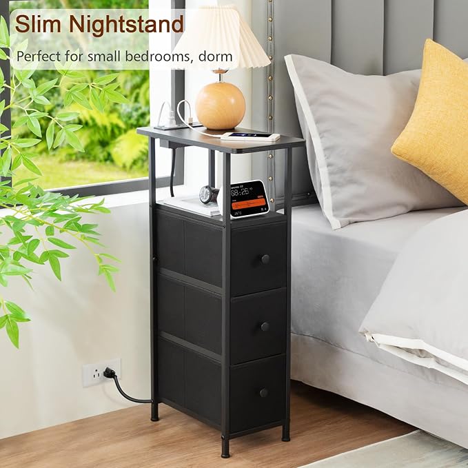 Narrow End Table Living Room with Charging Station, Skinny Side Table with Fabric Drawers, Slim Nightstand for Bedroom, Small Spaces, Couch, Black, HETNDP03BK-1