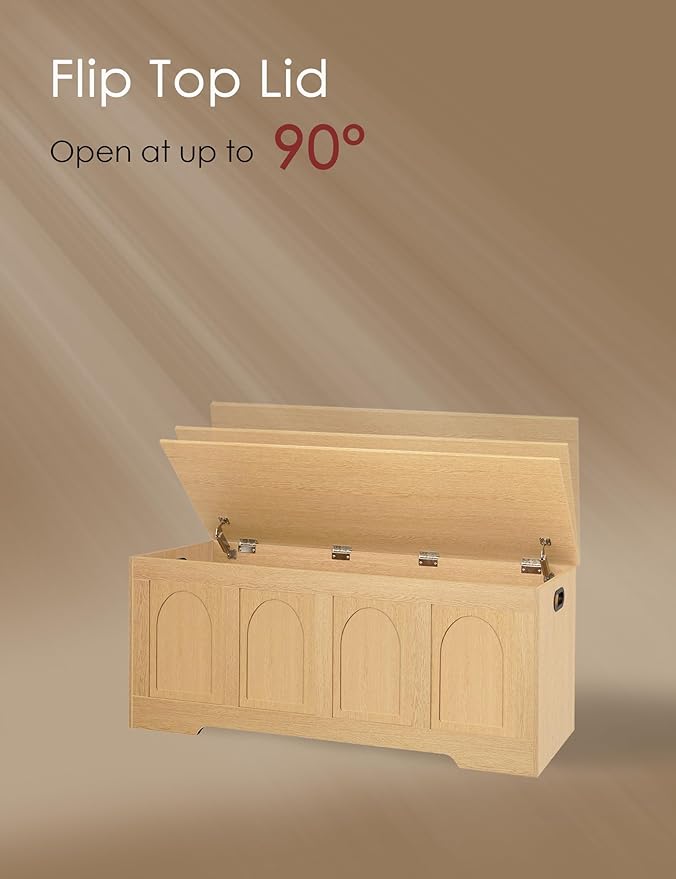 DINZI LVJ Storage Chest, 47.2”Wooden Storage Box with 2 Safety Hinges, Entryway Shoe Bench with Flip-Top, Large Trunk for Living Room, Bedroom, Easy Assembly, Natural