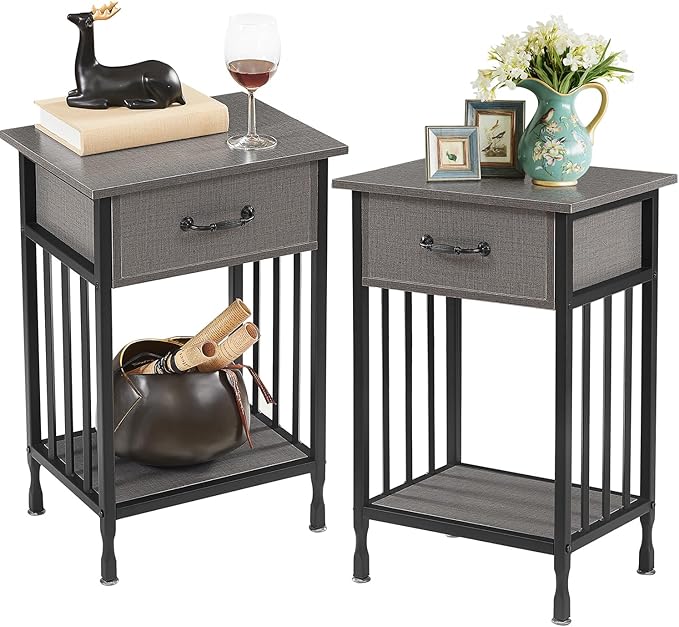 VECELO Nightstands Set of 2, Industrial Side Table/End Tables with Drawer and Storage Shelf, Night Stands for Bedroom, Living Room, Wood Metal Furniture, Easy Assembly