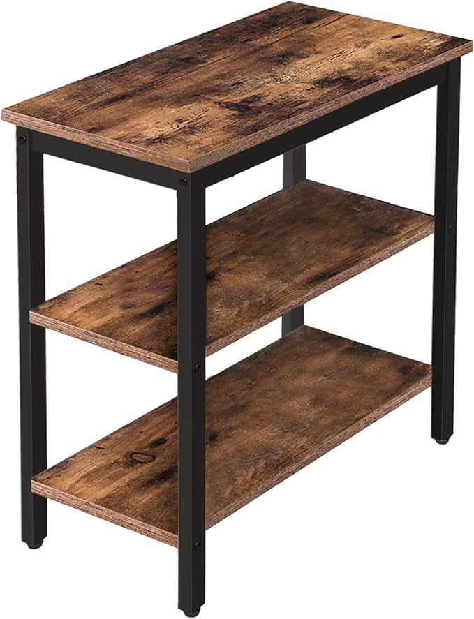 HOOBRO End Table, Simple Rustic Side Table with 3-Tier Storage Shelf, Narrow Nightstand for Small Spaces, for Living Room, Bedroom,Easy Assembly, Industrial Design, Rustic Brown and Black BF14BZ01