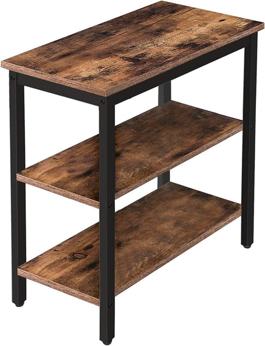 HOOBRO End Table, Simple Rustic Side Table with 3-Tier Storage Shelf, Narrow Nightstand for Small Spaces, for Living Room, Bedroom,Easy Assembly, Industrial Design, Rustic Brown and Black BF14BZ01