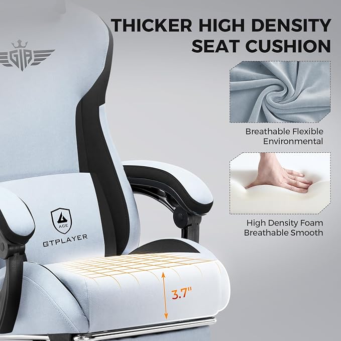 GTPLAYER Gaming Chair with Footrest, Big and Tall Game Chair High Back Computer Office Chair with Lumbar Support for Adults, Ergonomic Swivel Games Chair with Cushion Gaming Velvet Fabric Light Blue