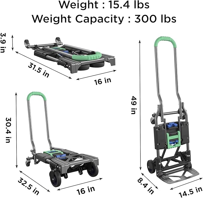 COSCO Shifter Multi-Position Folding Hand Truck and Cart, 300 lb. Weight Capacity, Green, 12222PBG1E