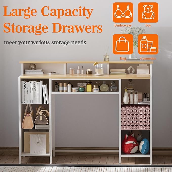 Dresser for Bedroom with 9 Drawers & 2 Open Shelves, Fabric Storage Dresser, Chest of Drawers, Long Dresser for Closet, Wooden Top & Metal Frame, Classic White