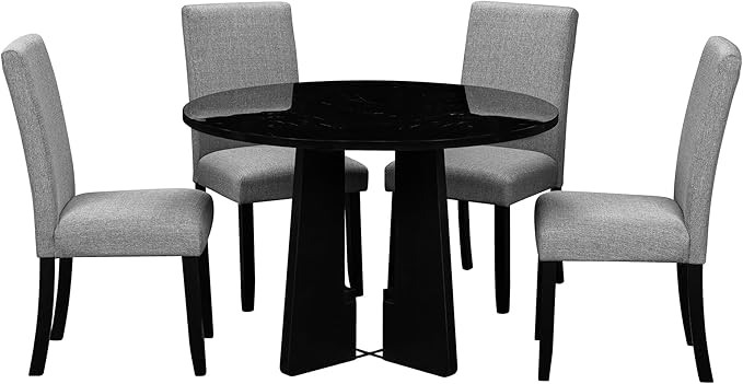 Merax 5-Piece Round Dining Table Set, Modern 4 Upholstered Chairs for Living,Kitchen Room, 43 Inch, Grey+Black