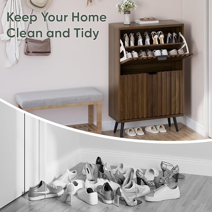 Smuxee Shoe Cabinet with 2 Flip Drawers, 23.6" Walnut Hidden Shoe Storage Cabinet with Fluted Design, Freestanding Shoe Organizer Cabinet for Entryway, Hallway, Closet, Living Room