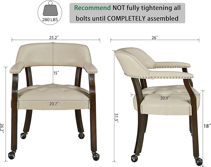LEEMTORIG Large Dining Chairs with Casters and Arms, Rolling Dining Chairs with Wheels, Solid Wood Office Desk Chairs, 26“Dx25.2 Wx31.5“H, Espresso Legs & Beige PU, XXY-1910-BG