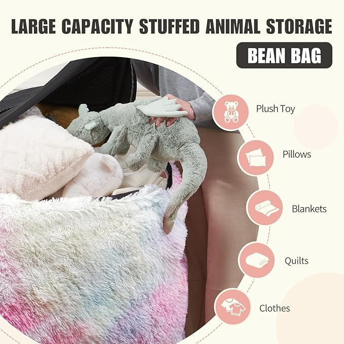 7FT Giant Fur Bean Bag Chair Cover, Ultra Soft Rainbow Bean Bag Chairs for Adults (No Filler, Cover only), Big Round Soft Fluffy Faux Fur Bean Bag Lazy Sofa Bed Cover, Washable Big Size Bean Bag Cover
