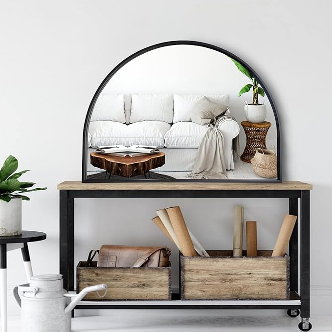 WAMIRRO Minimalist Black Arched Mirror,Large Farmhouse Bathroom Fireplace Mantel Horizontal Wide Arch Mirrors for Entryway/Living Room 26"X36"