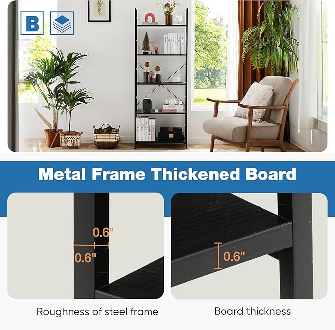 DUMOS 5 Tier Book Shelf Tall Modern Bookcase Set of 2 for Books, CDs, Movies, Storage and Organization Bookshelf Industrial Home Decor for Bedroom Office Kitchen Living Room, Black