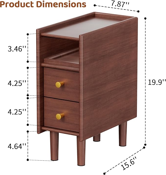 Huolewa Narrow Nightstand with 2 Drawers - Solid Wood Narrow Side Table with Open Shelf for Small Spaces, Couch, Bedroom, Living, Office - Small Bedside Table, End Tables (Walnut, 7.87 inch)