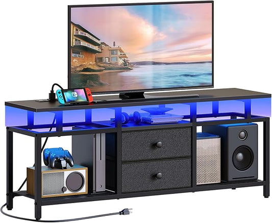 TV Stand with LED Light and Power Outlets, Entertainment Center with Fabric Drawers and Open Shelves, 41.7" TV Cabinet for TVs up to 45 Inch, Media Console for Living Room, Bedroom, DS03UDBB