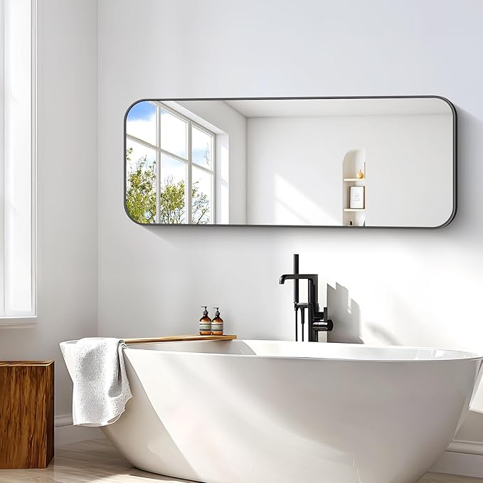 Bathroom Mirror, 60 x 24 inch Metal Framed Black Rectangle Mirror, Rounded Corner Rectangular Vanity Mirror, Large Wall Mounted Mirror for Modern Bedroom Living Room Horizontal or Vertical
