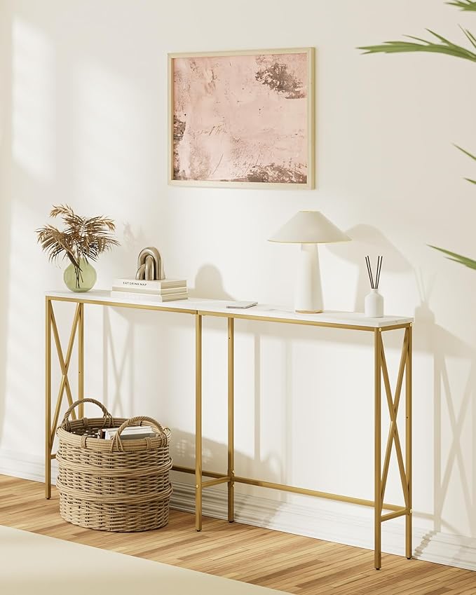 Masupu 63" Console Table, Modern Narrow Long Sofa Table Behind Couch, Skinny Entry Table, Industrial Sofa Table with Metal Frame for Hallway, Living Room, Marble White