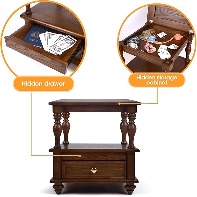 Traditional Square End Table with 1 Drawer and 2 Hidden Compartments for Living Room, 2-Tier Couch Side Table with Storage Shelves for Small Spaces, Solid Wood Nightstand for Bedroom, Walnut