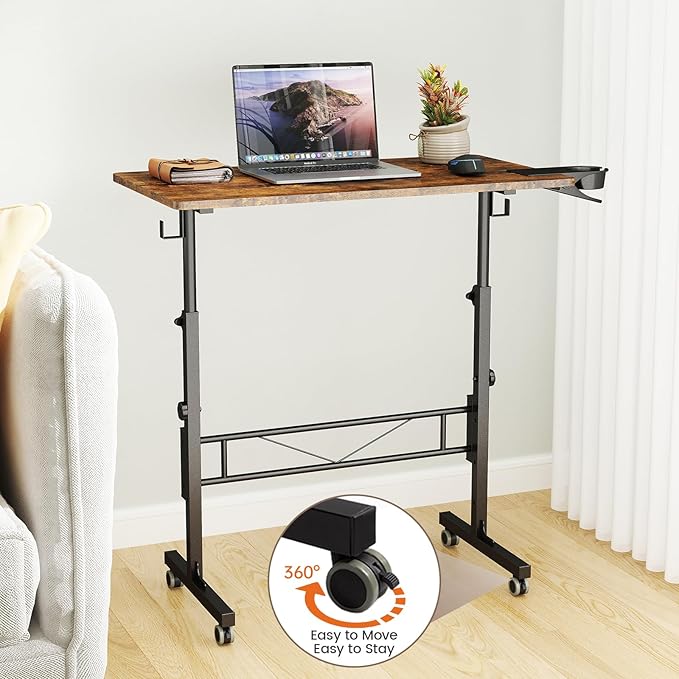 Hadulcet Small Standing Desk Adjustable Height, Rolling Desk for Standing or Sitting, Portable Computer Desk for Walking Pad, Rustic Brown