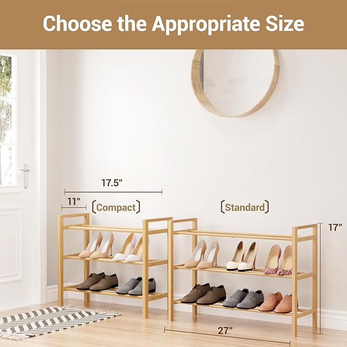 Haddockway Bamboo Shoe Rack for Closet, Free Standing Shoe Organizer with Smooth Round Rods & Convenient Handles, Stackable Shoe Storage Shelf for Entryway, Hallway(Natural, 3-Tier)