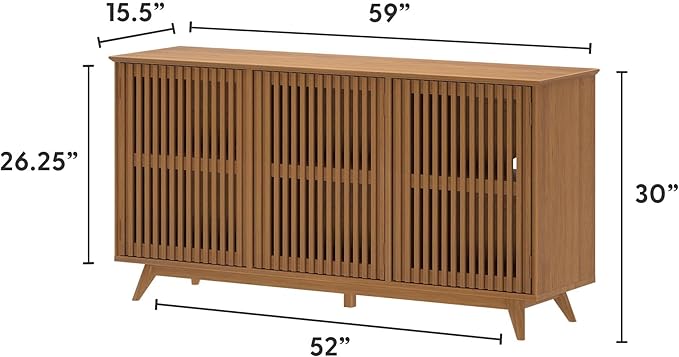 Plank+Beam Mid-Century Modern Wood TV Stand, Three Door Solid Wood Entertainment Console with Storage, 59" L x 16" W x 30" H, Pecan