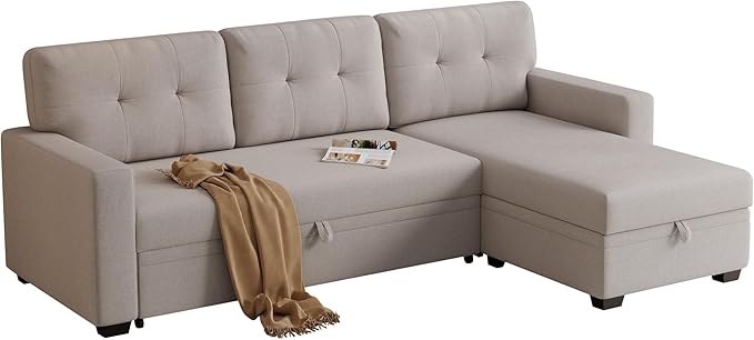 Ball & Cast Convertible Sectional Sleeper Sofa Bed L Shaped 4 in 1 Pull Out Couch with Reversible Storage Chaise & Removable Back Cushions,Sleeper Corner Pull Out Sofa Bed Couch for Living Room,Office