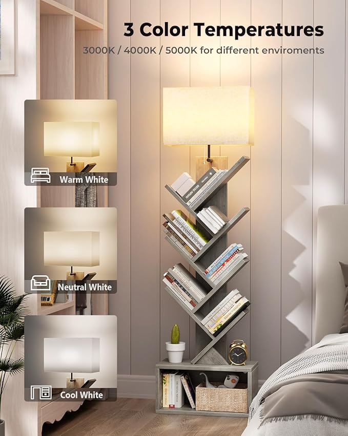 6 Tier Tree Bookshelf with Light, Narrow Bookcase Tower, Tall Floor Standing Book Shelf Organizer with Storage Cabinet for Living Room, Bedroom and Home Office, Gray