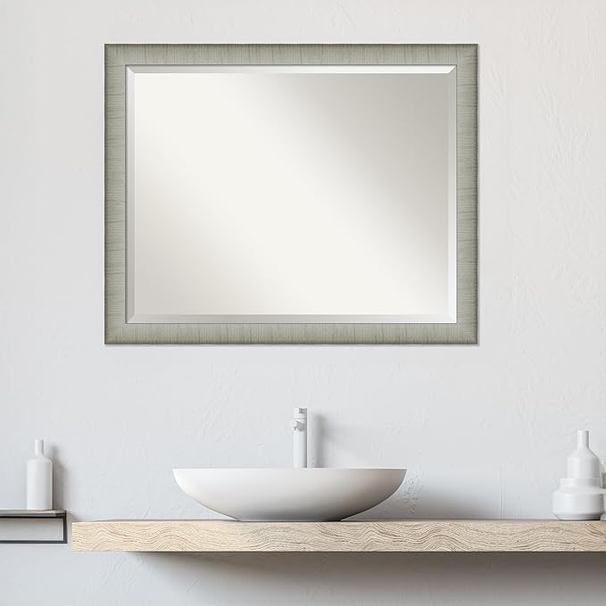 Amanti Art Silver Bathroom Mirror for Over Sink, 25x31 Elegant Brushed Pewter Narrow Rectangle Vanity Mirror, Large Casual Frame, Hangs Horizonally and Vertically, Bathroom Wall Decor, Beveled Edge