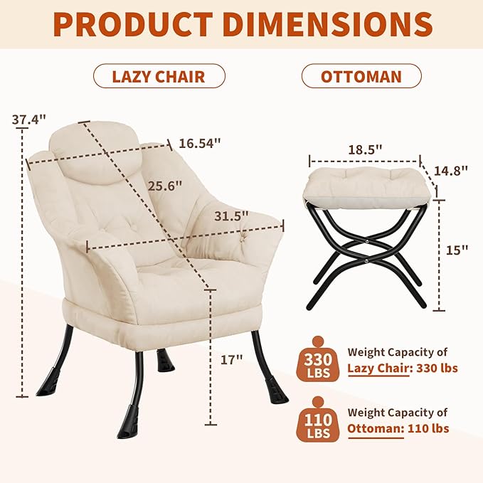 IDEALHOUSE Lazy Chair with Ottoman - Modern Living Room Chairs for Small Spaces, Ergonomic Reading Chair with Armrests, Comfy Chair with Ottoman for Bedroom & Living Room, Beige