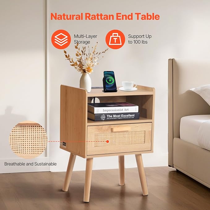 VEVOR Rattan Nightstand, Boho Bedside Table with Drawer Open Shelf, End Table Wooden Nightstand with Solid Wood Legs, Rattan Side Table with Charging Station, for Bedroom