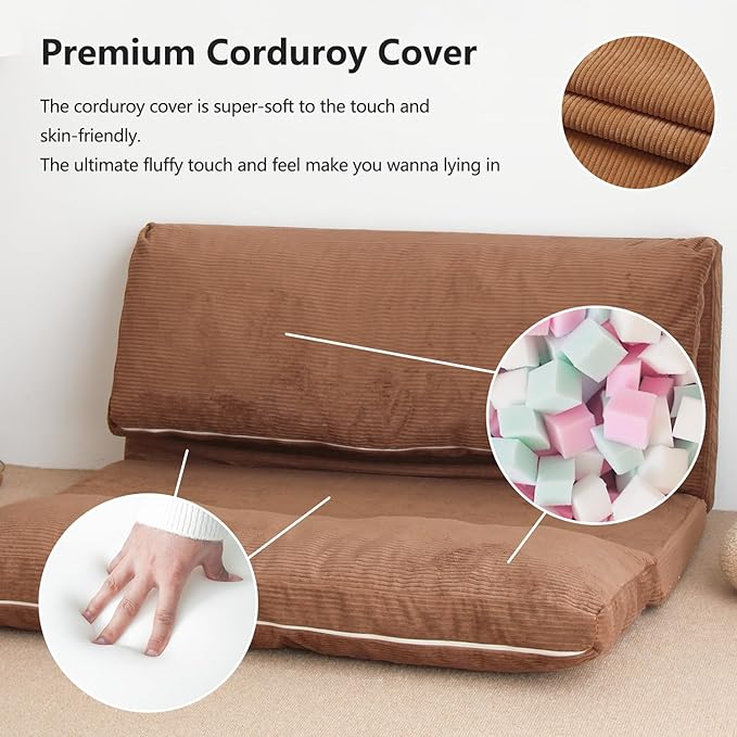N&V Folding Matress Sofa Bean Bag Bed, Foam Filling Folding Matress Sofa, Includes Removable and Machine Washable Cover, Soft Premium Corduroy (Large, Brown Suagr)