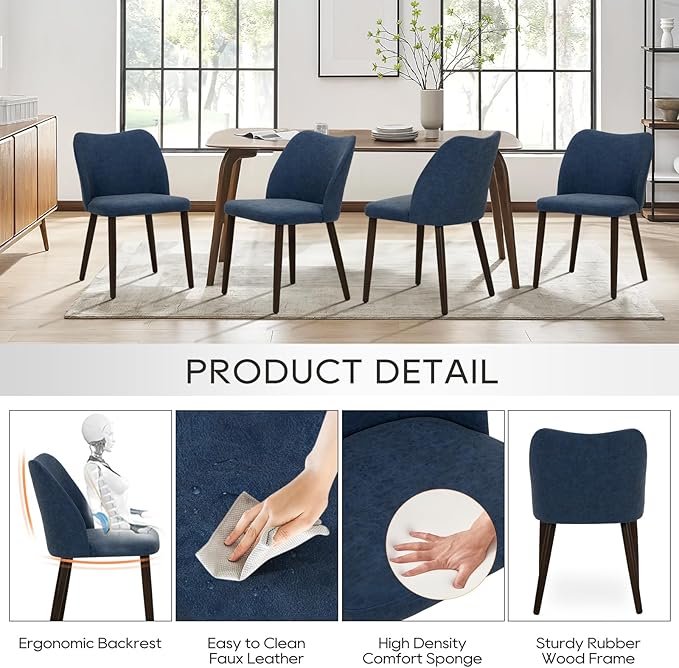 COLAMY Upholstered Dining Chairs Set of 4, Modern PU Leather Dining Room Kitchen Side Chair with Padded Seat and Wood Legs Restaurant/Cafe, Blue