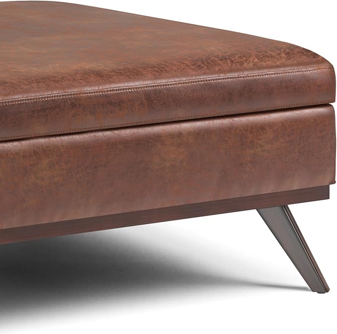SIMPLIHOME Owen 40 inch Wide Mid Century Modern Square XL Coffee Table Storage Ottoman in Distressed Saddle Brown Vegan Faux Leather, Assembled, For the Living Room, Entryway and Family Room
