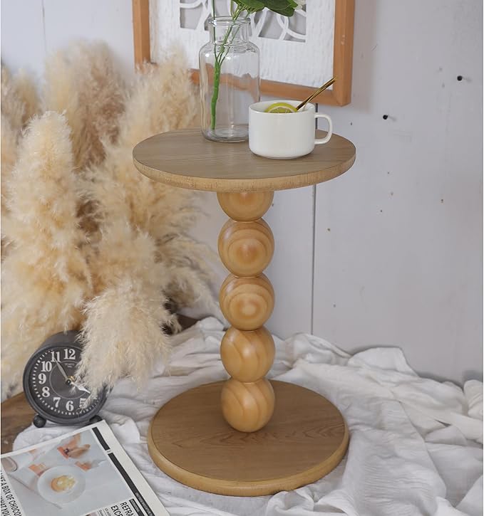 Round Wooden Side Table with Stacked Ball Pedestal Base, Accent Nightstand for Living Room, Bedroom, Corners (Natural)