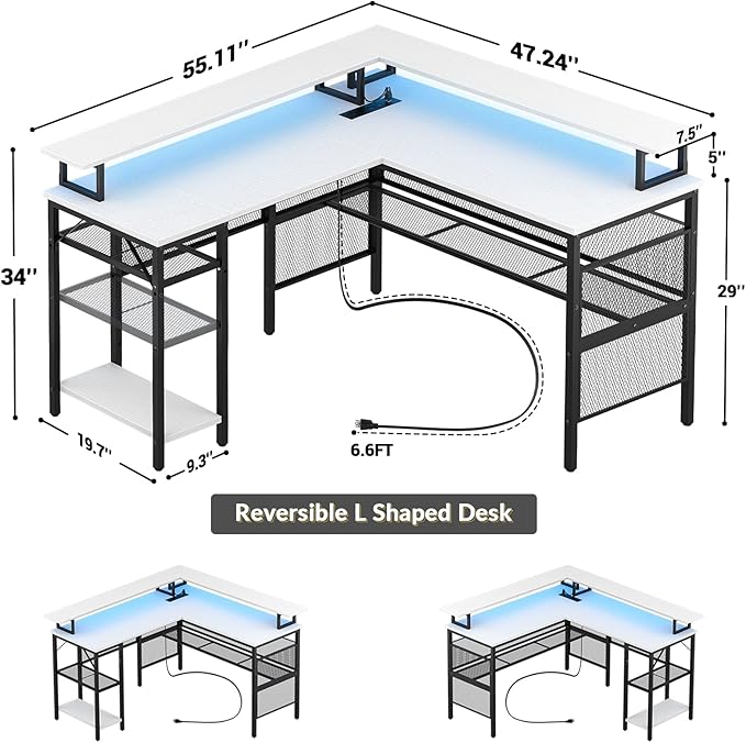 Unikito L-Shaped Desk with LED Strip and Power Outlets, Reversible Corner Computer Desk with Monitor Stand and Storage Shelf, Modern L-Shaped Gaming Table, Home Office Desk with USB Ports, White